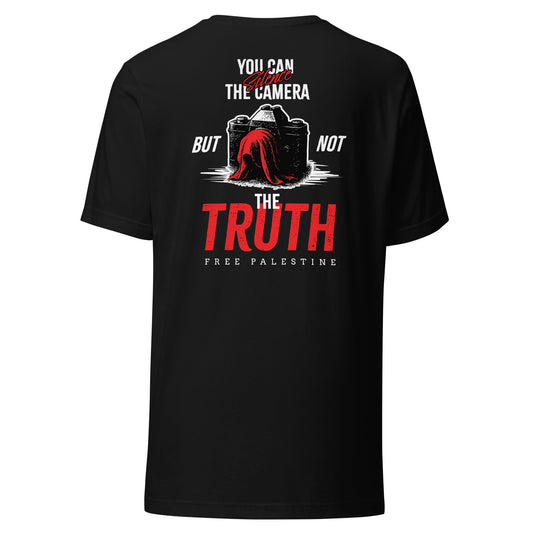 Silenced Truth T-shirt artwork featuring a camera and the words You can silence the camera but not the truth.